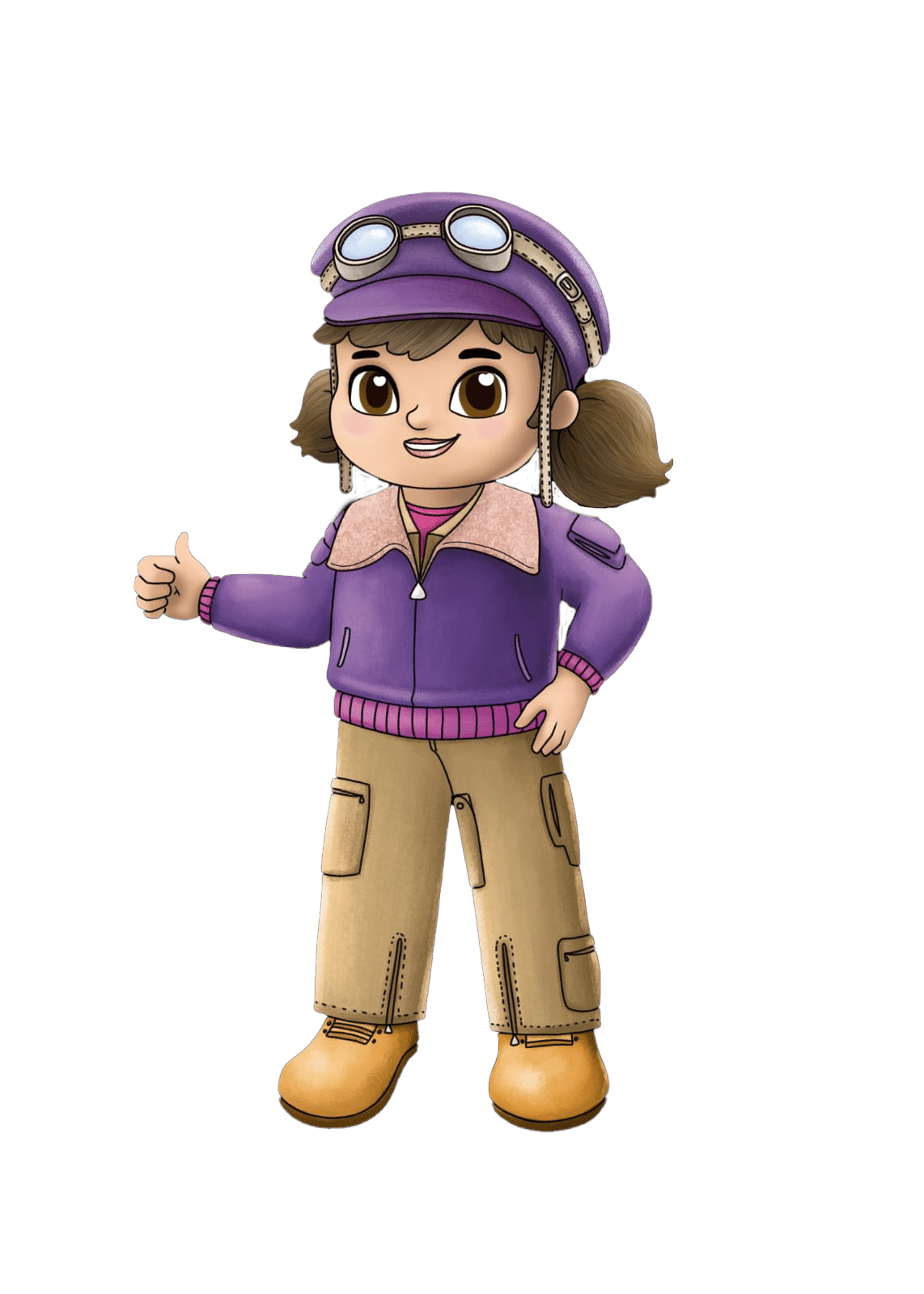 Girl wearing jacket, pilot goggles, and long cargo pants