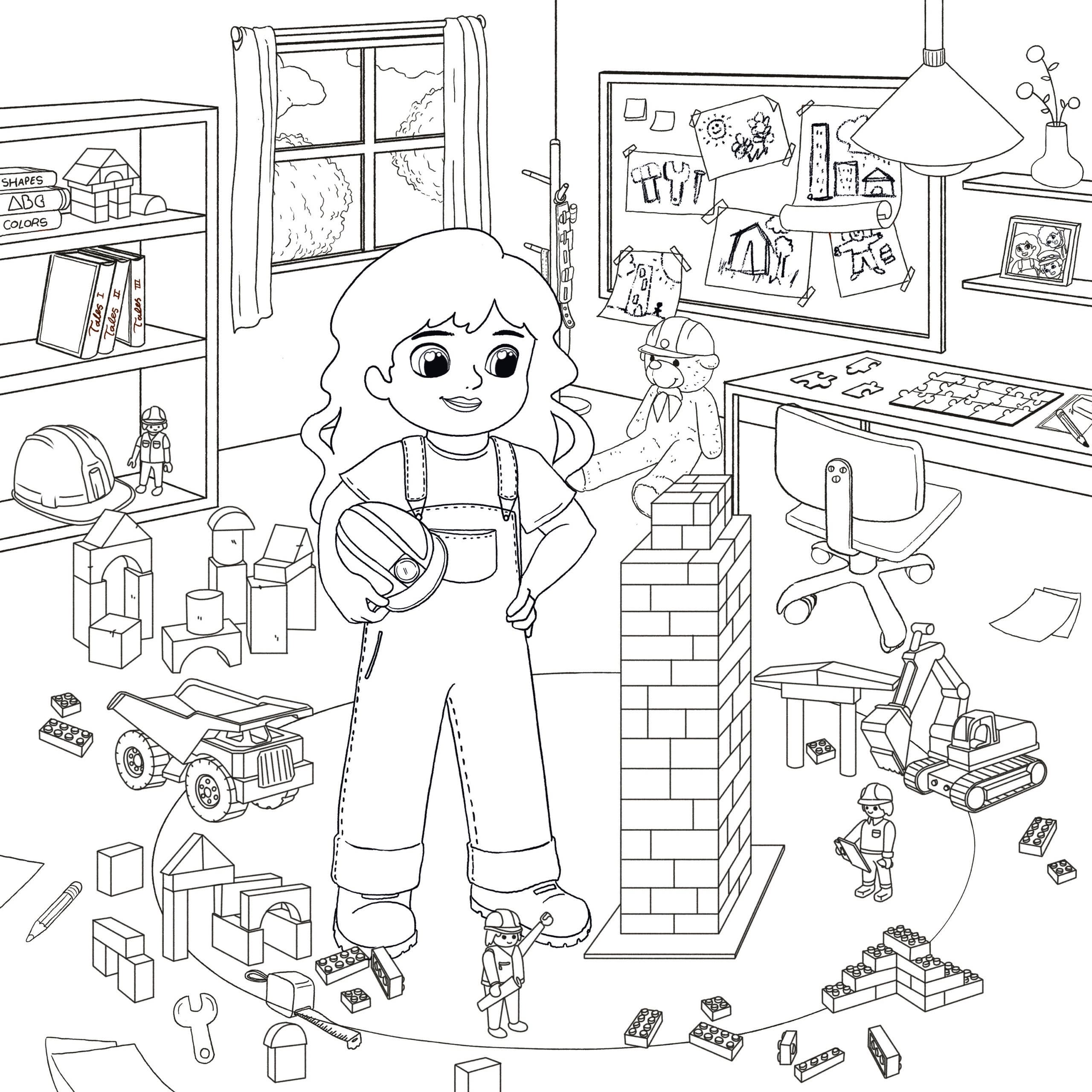 Coloring Sheet: Ella standing in bedroom with block tower and toys