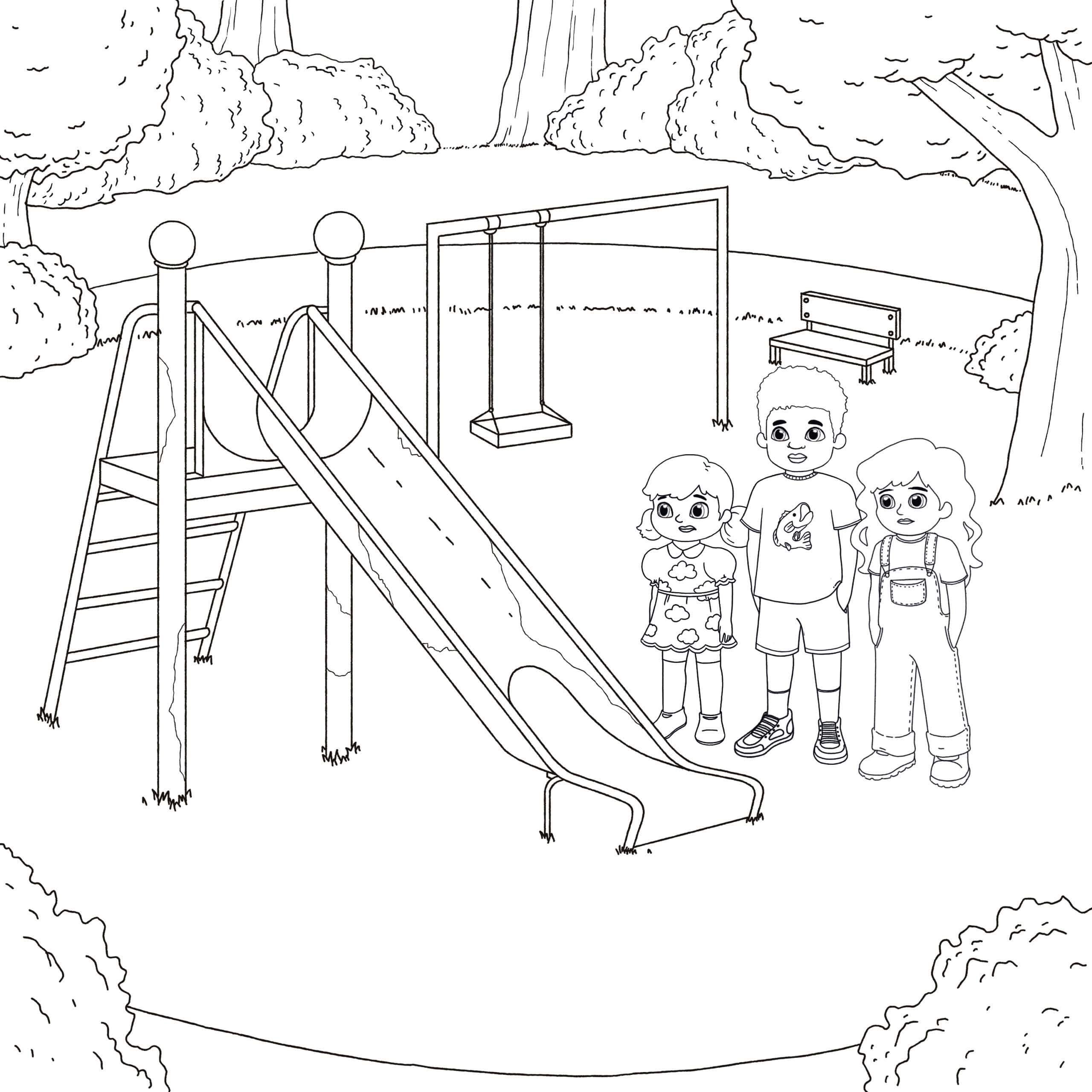 Coloring Sheet: Paisley Beckham and Ella looking at rusty slide on playground