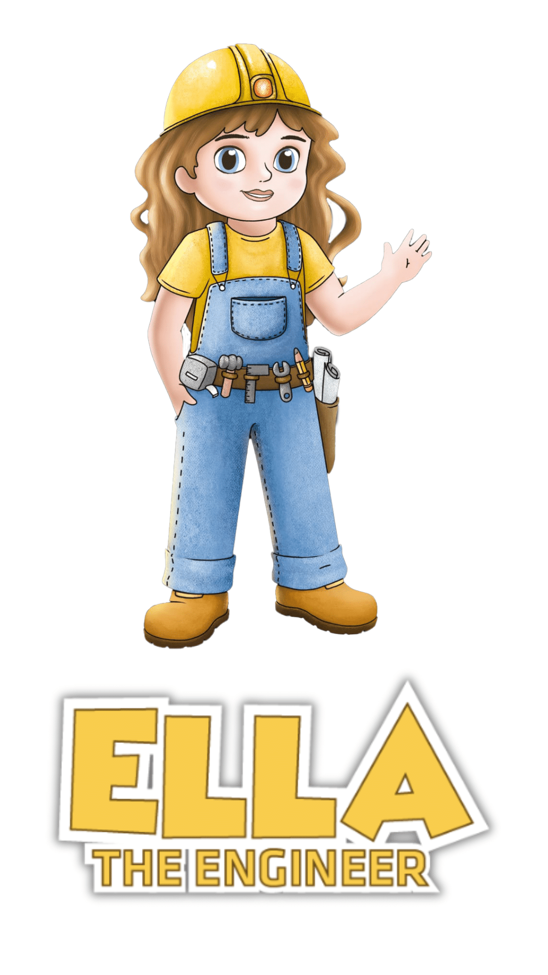 Girl with hard hat and tool belt with tools; name badge below reads Ella the Engineer