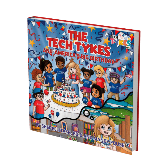 Colorful children’s book cover titled “THE TETHYKES AND AMERICA’S BIG BRIGHT DAY,” showing a birthday scene with a decorated cake, balloons, confetti, and kids around a car and party hat.